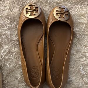 Tory Burch Brown Leather Loafers with Gold Emblem